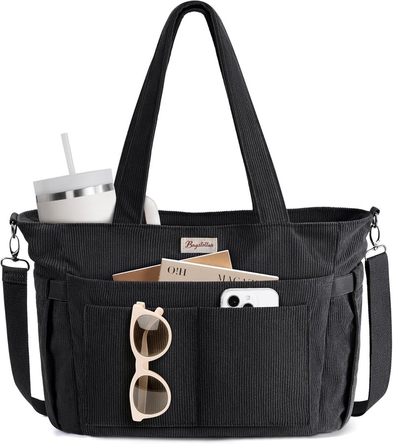 Bagstellar Corduroy Tote Bag for Women, 17 Pockets Laptop Work Tote Bag Lightweight Teacher Nurse Bible Bag for School Travel | with 40oz Cup Holder, Multi Compartment, Zipper Crossbody Bag, College Shoulder Bag, Daily Purse w/ Strap, Ideal Gift for Women - Image 1